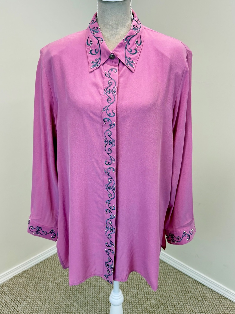 Vintage Diane Gilman 100% Silk Blouse Top XL Pink Embroidered Button Up Boho NWT